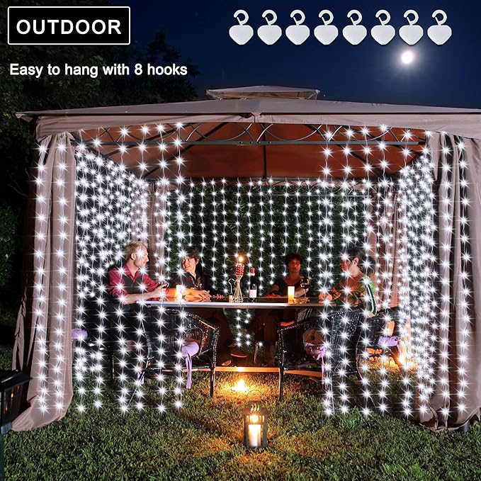 echosari Christmas Curtain Lights Solar Powered 7.9ft x 6ft 144 LED Outdoor Curtain Lights Waterproof with Timer 8 Modes for Christmas Garden Patio Fence Wedding Wall Window Gazebo Decor Cool White