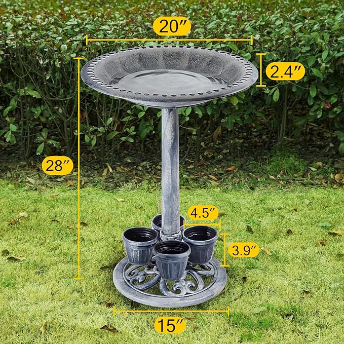 Bird Bath for Outside with 4 Removable Flower Planters 28in Polyresin Lightweight Vintage Birdbath for Outdoors Stake Standing Bowl and Water Feeder Yard Garden Decor Gray