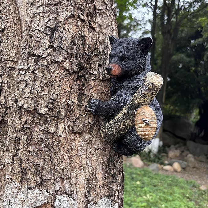 Black Bear Cub Tree Hugger Decor Outdoor Sculpture, Baby Bear Hanging Up a Tree Statue Garden Peeker, Adorable Cute Resin Tree Hugger Bear Face for Gifts and Garden Decor