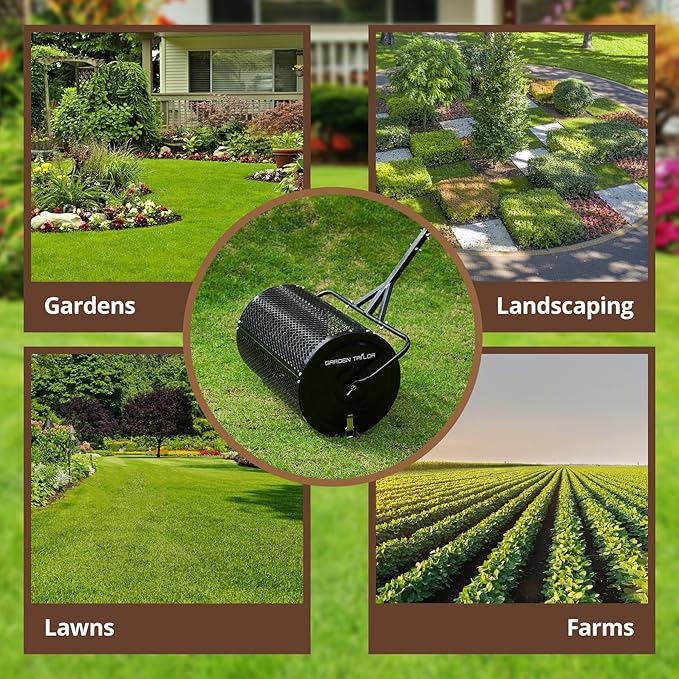 Compost Spreader 24 Inch Peat Moss Spreader with Installation Support Accessories, Metal Mesh Roller Lawn Spreader for Top Soil, Manure, Mulch, Top Dressing - Garden spreaders for lawns