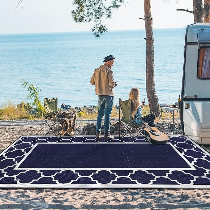 GENIMO 9' x 18' Outdoor Rug Waterproof for Patio, Foldable Reversible Plastic Straw Area Rugs Mat for Rv Decor, Outside Carpet for Camper, Deck, Picnic, Beach, Balcony, Porch, Blue & White