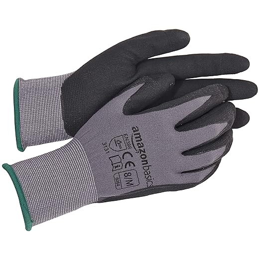 Amazon Basics Micro-Foam Nitrile Coated Work Gloves, Nylon Liner Fiber, Touch Screen, Size 8/M, 12 Pairs, Grey