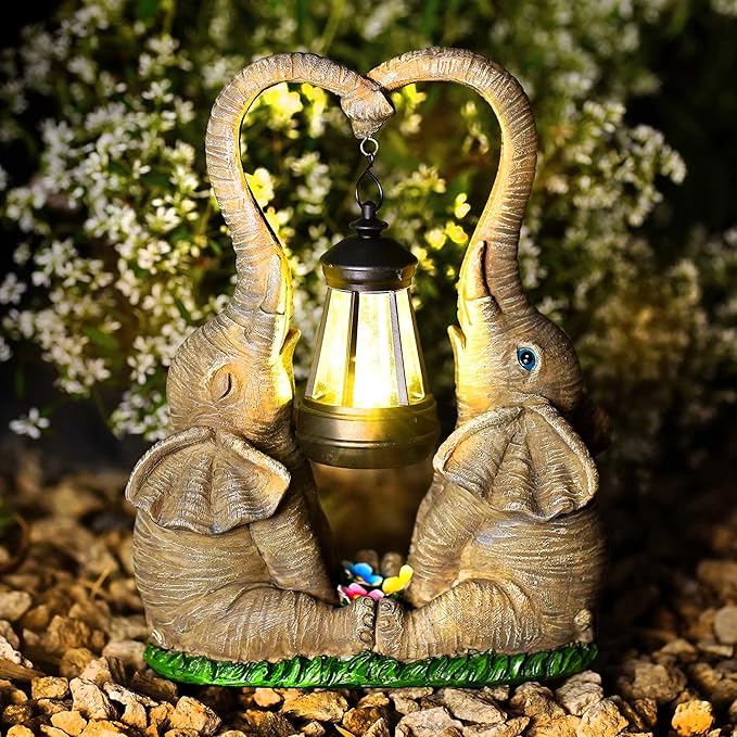 Elephant Statue Easter Garden Decor with LED Solar Lights-Set of 2 Good Luck Elephant Outdoor Statue Christmas Decorations for Yard Patio,Porch,Home -Mothers Day Gifts for Women, Mom, Grandma