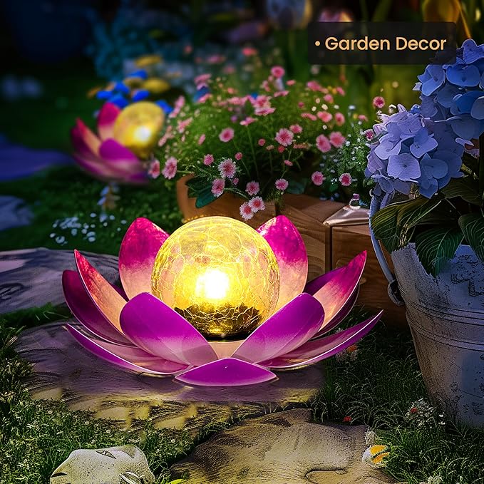 GIGALUMI Solar Light Outdoor Garden Decor, Lotus Flower Light Crackle Globe Glass Lantern Outdoor Table Decor Waterproof for Patio, Lawn, Pathway, Pool, Pond, Christmas Gift (Pink Petal)