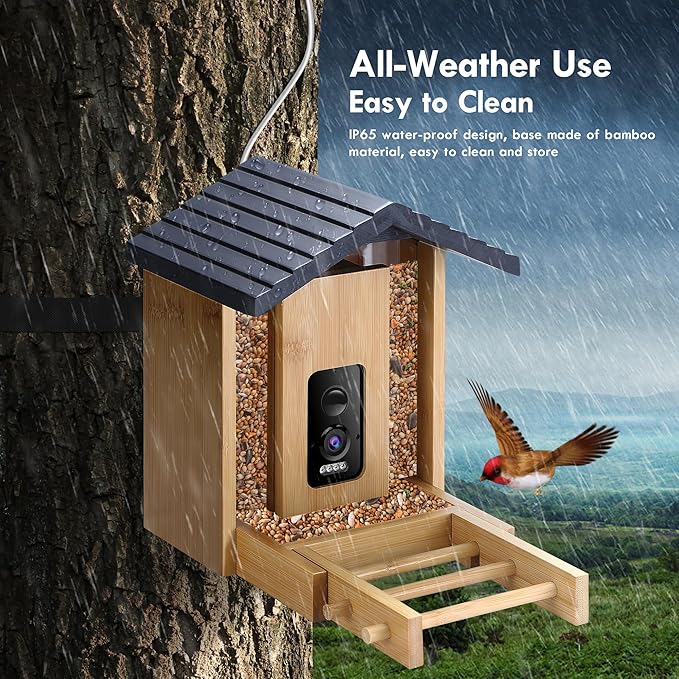 Bird Feeder, 5MP Solar-Powered Smart Bird Feeder with Camera, AI Identifies Birds 10000+, 2.4GHz, Color Night Vision, Instant Notification, Easy to Use, 1.5L Birds Feeders for Outdoor, Yard