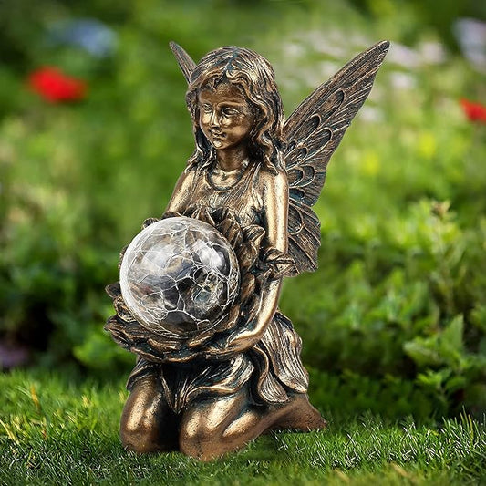 Garden Statues Outdoor Flower Fairy Decor,Solar Powered Outdoor Resin Statues-Patio Lawn Yard Porch, Funny Garden Fairies Ornaments Figurines for Outside Garden Gifts,8.31 Inches Tall