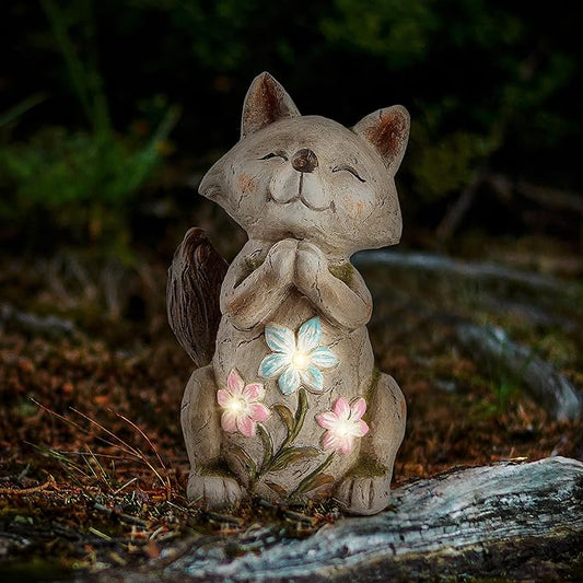 Fox Statue for Garden Decor,Garden Statue with Solar Power Light for Outdoor Patio Porch Lawn Yard Backyard oudside Indoor Shelf Decoration,Praying Fox Garden Sculptures & Statues