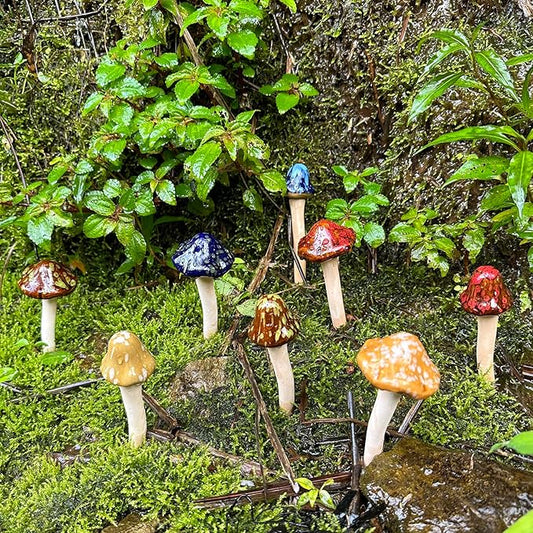 Ceramic Mushrooms Garden Decor Fairy Yard Patio Indoor and Outdoor Micro Landscape Decorations, 8 Pieces Simulated Mushroom Ornaments Statue Stake Mushroom Garden Decor Figurines Decoration Yard Gifts