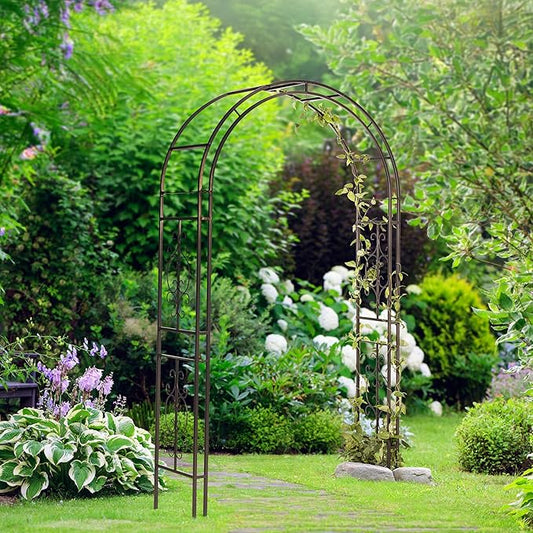 Evergreen Plow & Hearth Montebello-Gunmetal Garden Arbor - 7 Feet Tall | Slim Metal Arch with Iron Trellis for Climbing Plants | Elegant Wedding Arbor | Outdoor Patio & Garden Decor
