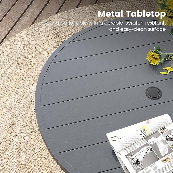 DIFY Outdoor Dining Table for 4, Round Patio Table with Umbrella Hole for Garden, Backyard and Porch (Dark Grey)