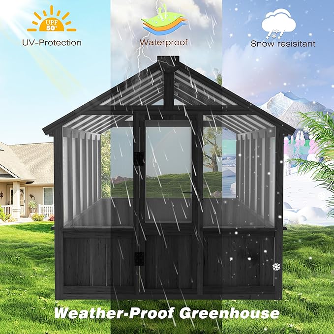 6x12 FT Greenhouse Kit for Outdoor, Thickened Polycarbonate Panel Wooden Walk-in Green House with Lockable Door and Adjustable Roof Vent, Backyard Garden, Black