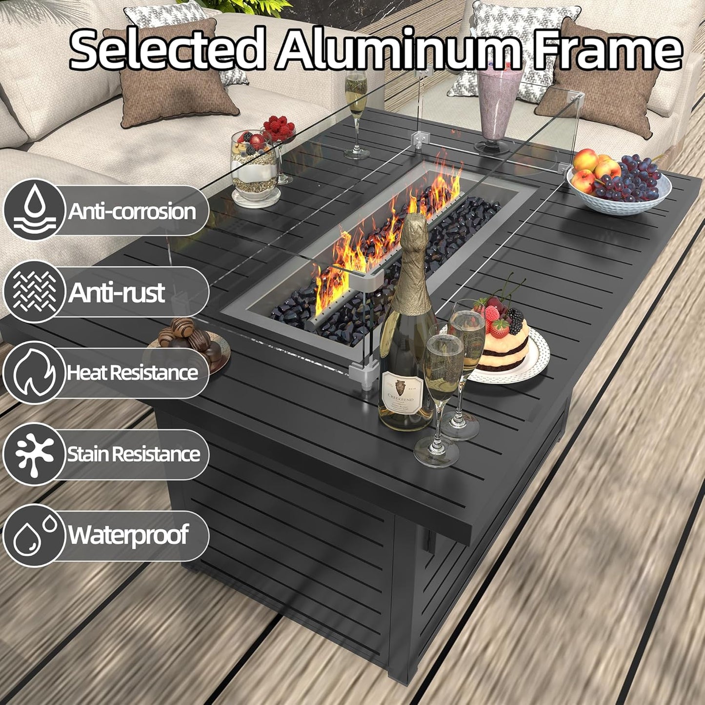 43.3 inch Outdoor Propane Fire Pit 2 in 1 Firepit Table Gas Fire Pit Table with Lid, Glass Wind Guard Rectangle Gas Firepit Table for Garden/Patio, CSA Certification (Dark Grey)