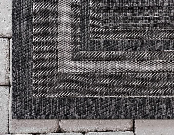 Unique Loom Outdoor Border Collection Area Rug - Soft Border (9' x 12' Rectangle, Black/ Ivory)