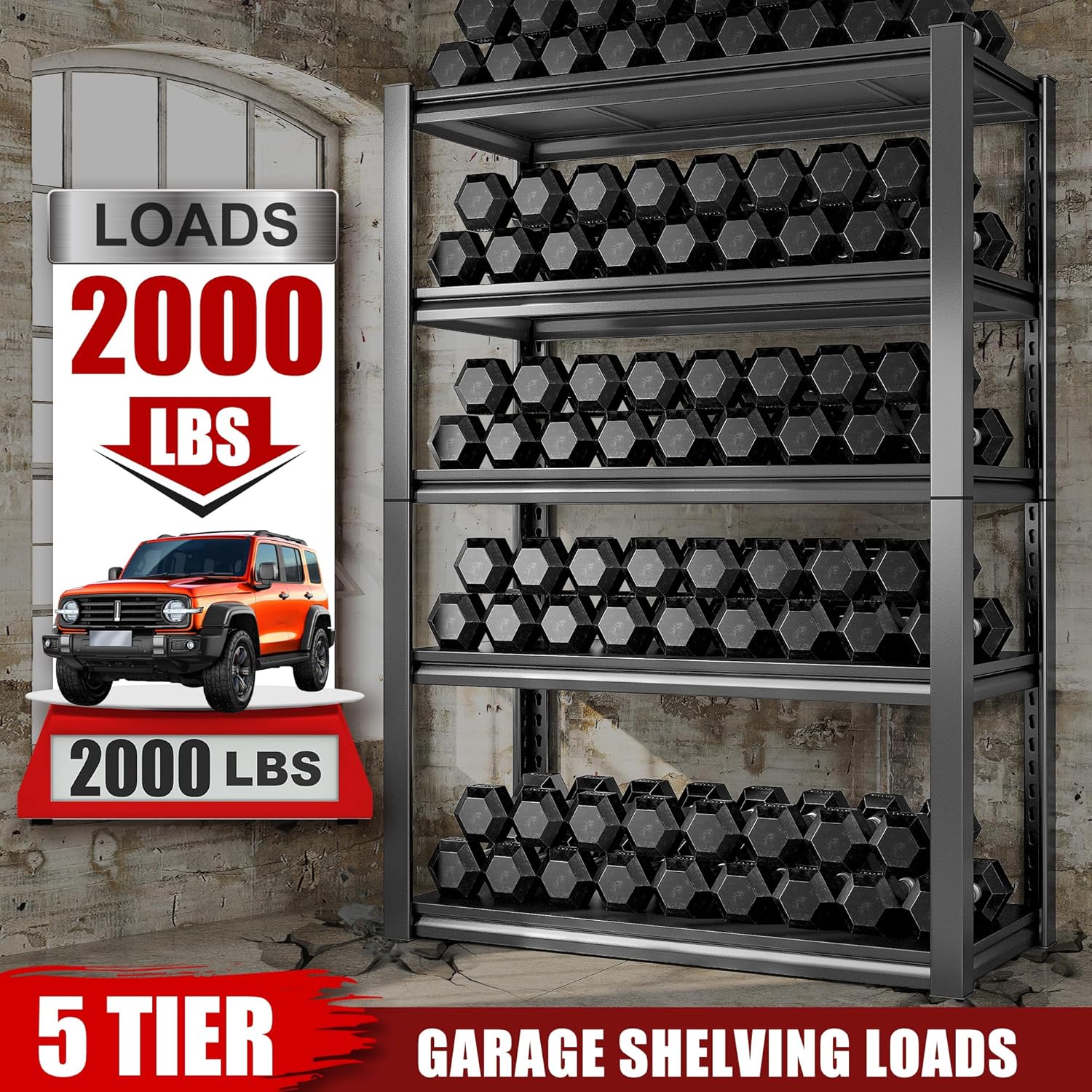 Raybee Storage Shelves 2000LBS Garage Shelving Heavy Duty, 5-Tier Adjustable Garage Shelves, Metal Shelving for Garage, Basement, Warehouse, Pantry, 72" H x 31.5" W x 16.5" D, 2PC, Black