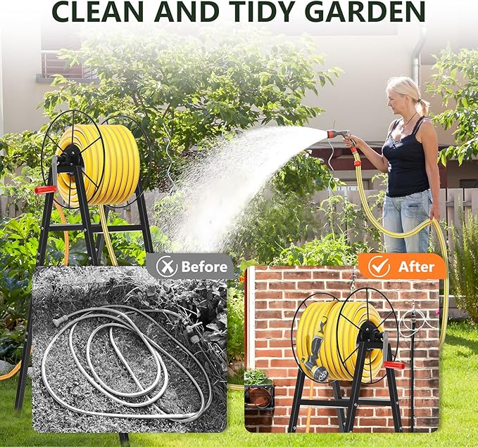 Freestanding Garden Hose Reel Holds 150 Ft Hose, Metal Garden Hose Holder for Outdoor, Garden Stand Rack for Water Pipe Organizer Storage, Black