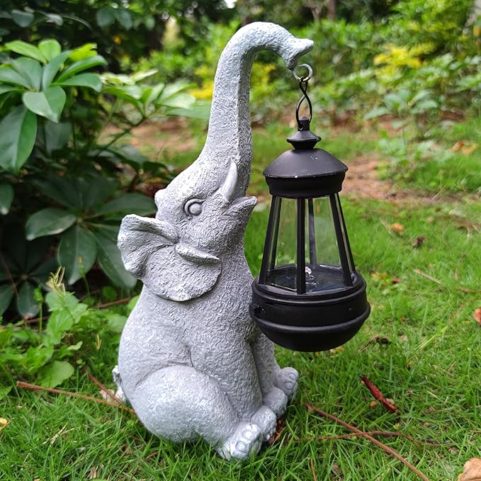 Elephant Solar Garden Statues,Resin Elephant Figurine Decorations with Solar Lights Lantern, Outdoor Elephant Decor Art for Lawn,Yard, Unique Housewarming Gift for Garden Home, VY-0617