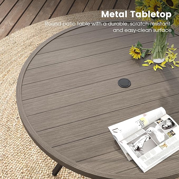 DIFY 48" Round Patio Dining Table for 6, Outdoor Metal Dining Table with 1.57" Umbrella Hole for Backyard Lawn Garden, Grey Wood-Like