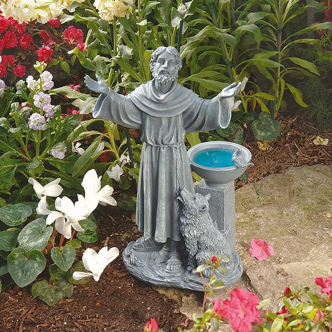 Design Toscano Francis of Assisi Blessing Religious Garden Decor Statue with Bird Bath Feeder, 19 inches Tall, Cast Stone Resin, Gray Stone Finish