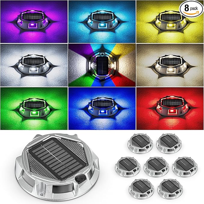 8Pack Aluminum Alloy Solar Driveway Lights, IP68 Solar Deck Light Marine Dock Lights Outdoor Waterproof, Multi-color LED Driveway Markers for Walkway, Path Decor [12Modes - Strobe/RGB/Fix-color]