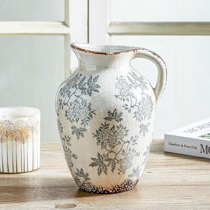 Enra Vintage vase with Handle,Blue and White Ceramic Decorative Flower vase, Chinoiserie Floral Vase,Large Rustic Vases for Home Decors, Living Room, Bookshelf, Office，9.7 inch