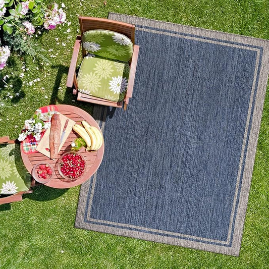 CAMILSON Outdoor Rug, 8x10 Bordered Navy Blue Gray Modern Area Rugs for Indoor and Outdoor Patios, Porches Waterproof Washable Porch Deck Outside Carpet (Bordered Navy, 8 x 10)