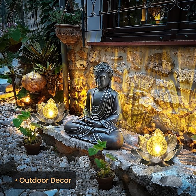 GIGALUMI Solar Light Outdoor Garden Decor, Lotus Flower Light Crackle Globe Glass Lantern Outdoor Table Decor Waterproof for Patio, Lawn, Pathway, Pool, Pond (Grey Petal)