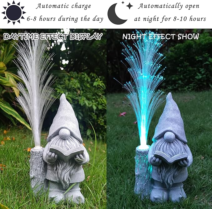 Gnomes Statue Solar Garden Decor,Resin Gnome Statues and Colour Changing Optical Fiber Solar Lights,Outdoor Decoration for Balcony, Garden, Patio, Yard, Lawn, Gifts for Mom Grandma