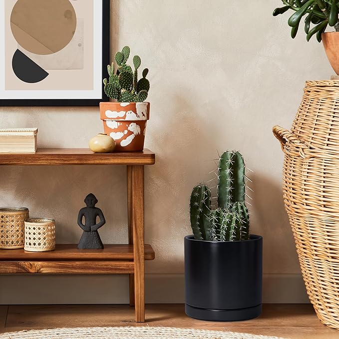D'vine Dev 8 Inch Ceramic Planter Pot with Drainage Hole and Saucer, Indoor Cylinder Round Planter Pot, Black, 94-O-D-2