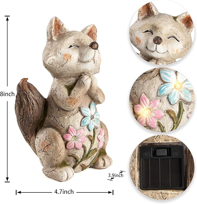 Fox Statue for Garden Decor,Garden Statue with Solar Power Light for Outdoor Patio Porch Lawn Yard Backyard oudside Indoor Shelf Decoration,Praying Fox Garden Sculptures & Statues