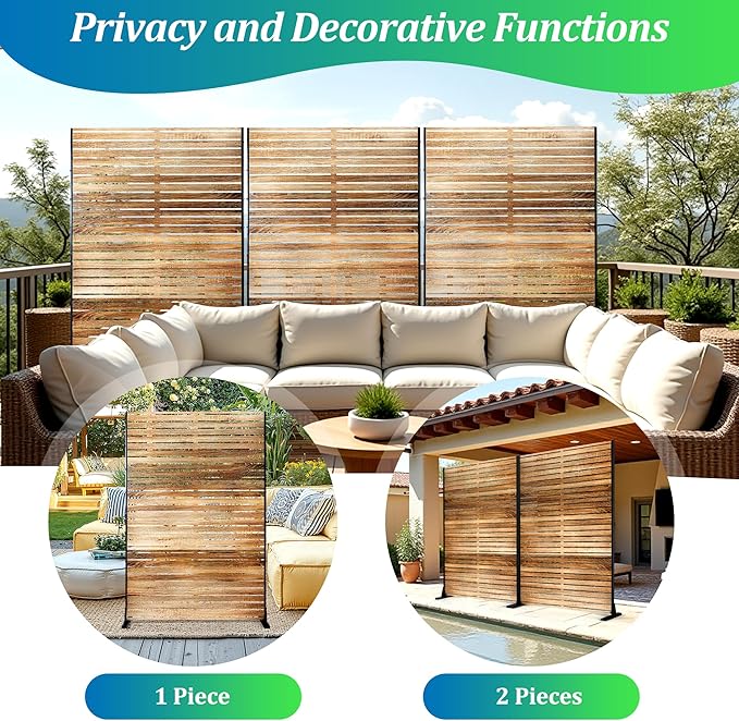 FENCY Outdoor Privacy Screen, 72" H×47" W Metal Patio Privacy Screen, Freestanding Decorative for Deck Balcony Patio Natural Wood Color