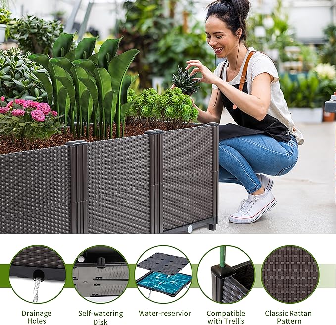 Emalie Deep Raised Garden Beds Large Plastic Planter Box with Drainage Plugs for Veggies Flowers Herbs Deep Root Plants Growing, 47.2" Lx15.7 Wx16.9 H Brown