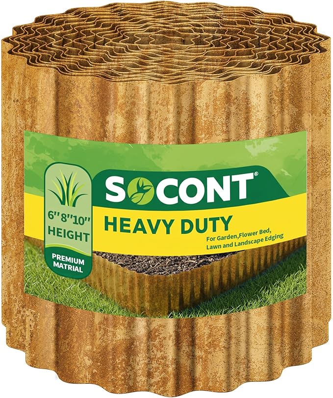 Corrugated Metal Garden Edging, 10"×20Ft Durable Landscape Border for Garden, Lawn, Flower Beds and Paver Edging (Rusty)