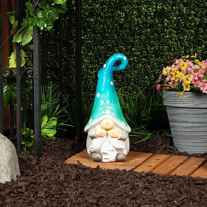 Alpine Corporation 17” Tall Outdoor Garden Gnome Yard Decoration - Speak No Evil Statue - Gnome with Turqoise Polka Dot Hat – Durable, Weatherproof Décor for Patio & Deck