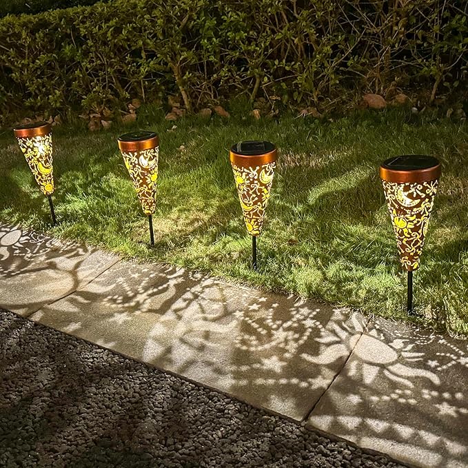 DIBIEECN 2 Pack Sun and Moon Solar Pathway Lights Outdoor,Metal Garden Decorations Outdoor Lights with Patterns and Warm Light,Waterproof Landscape Lighting for Path Patio Backyard Walkway Yard