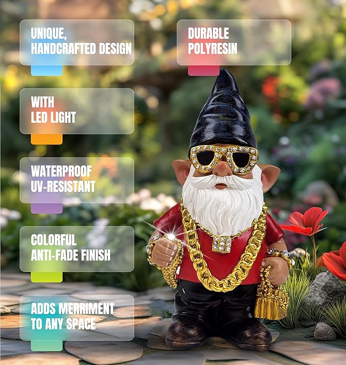 Better Office Products Garden Gnome Statue, 12" Height, Handcrafted Waterproof, UV-Resistant Polyresin Lawn Patio Porch Ornament Decoration (Bling Rapper with Solar Light)