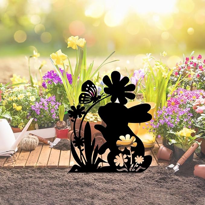 Ecqizer Bunny Garden Statues Metal Rabbit Yard Art Outdoor Clearance Black Rabbit Decor Silhouett Animals Stake Garden Decorations Outdoor Garden Statue for Lawn and Yard Decor Ornaments