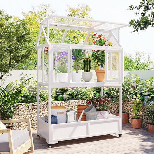 Garden Wood Portable Cold Frame - Mini Greenhouse with Wheels, Open Roof & Storage (White + Beige + Beige)