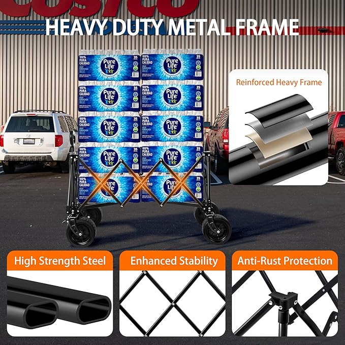 Collapsible Wagon with Big Wheels, Wagons Carts Foldable 400LBS Large Capacity, Heavy Duty Utility Cart Grocery Wagon w/Side Pockets and Brakes, All-Terrain Beach Cart for Camping, Sports, Shopping