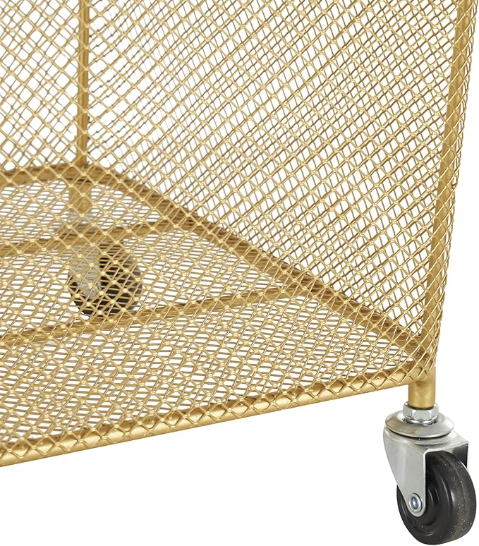 Deco 79 Metal Storage Cart Square Mesh Wire Rolling Laundry with Ring Handles, 17" x 16" x 24", Gold