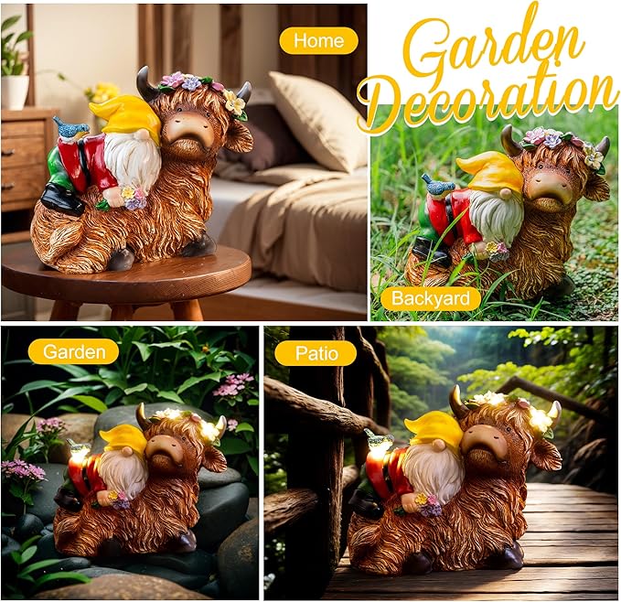 Garden Gnome Statue - Highland Cow with Solar Flower LED Lights and Bird - Funny Outdoor Decor for Table, Patio, Lawn - Unique Birthday Gifts for Mom, Women, and Christmas Decorations