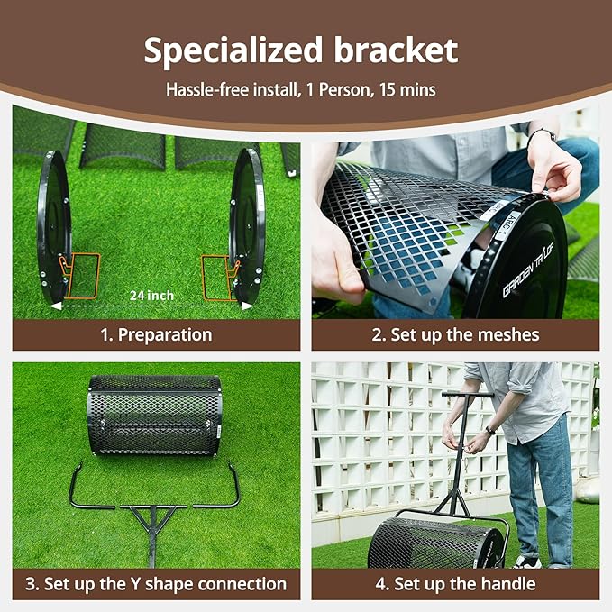 Compost Spreader 24 Inch Peat Moss Spreader with Installation Support Accessories, Metal Mesh Roller Lawn Spreader for Top Soil, Manure, Mulch, Top Dressing - Garden spreaders for lawns