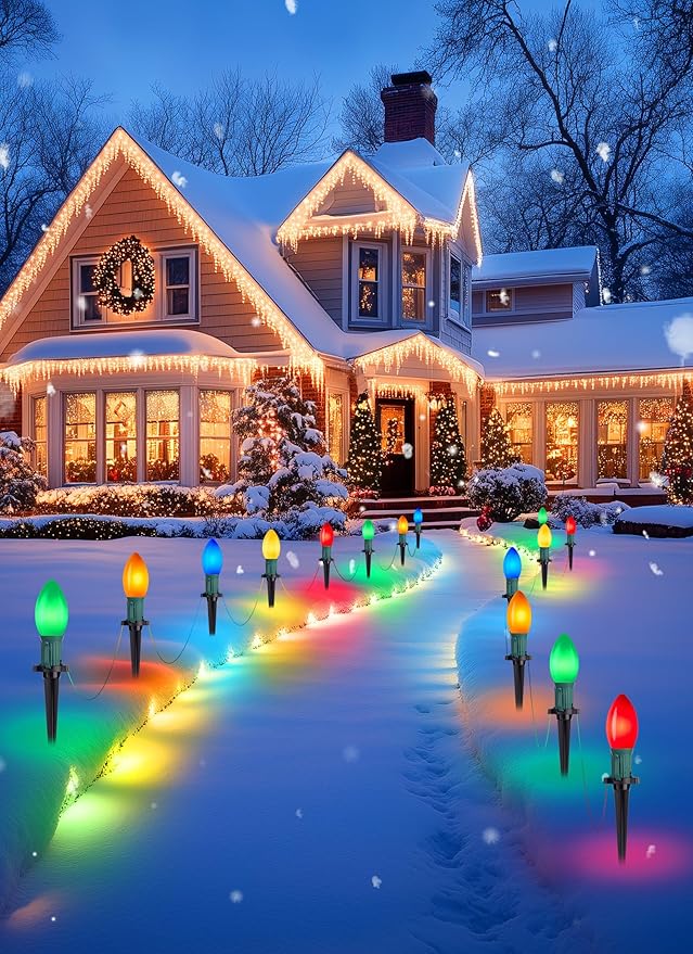 Brightown Frosted C9 LED Christmas Lights Outdoor, 2 Packs Total 64Ft Christmas Pathway Lights with 50 LED Bulbs and Stakes, Christmas Decorations Outside Driveway Walkway Sidewalk, Multicolor