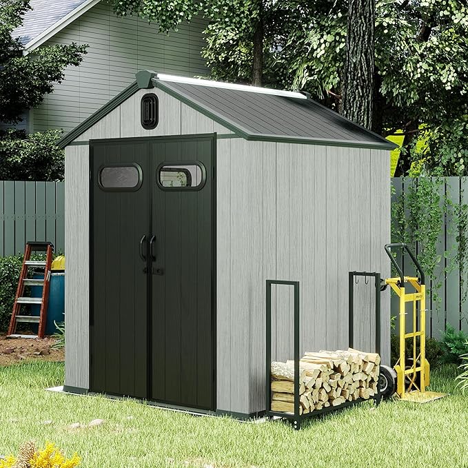 Domi 6x6FT Outdoor Resin Storage Shed with Transparent Windows & Louvered Vents, Plastic Tool Shed with Double Lockable Doors & Gable Roof, Outside Garden Shed for Backyard, Patio, Lawn, Grey