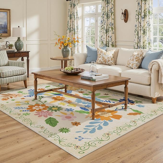GENIMO Indoor Outdoor Area Rug 5' X 7' Waterproof, Washable Door Mat Non Shedding, Easy Cleaning Floral Outdoor Carpet for Patio, Entryway, Porch, Bathroom, Living Room, Bedroom, Backyard