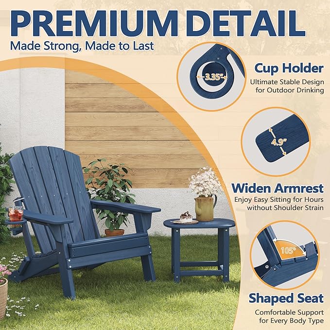 Folding Adirondack Chair with Cup Holder, HDPE All Weather Resistant Plastic Outdoor Patio Chairs, Heavy Duty Fire Pit Seating for Backyard Lawn Garden, Wooden Textured Design(Navy Blue)