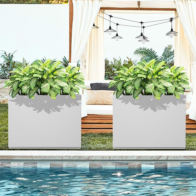 FENCY Metal Rectangular Planter Box Large Planters for Outdoor Plants, Tall Planters for Outdoor Plants with Drainage Holes, Rectangular Planters for Outdoor Plants (35.4" L x 9" W x 25.6" H,White)