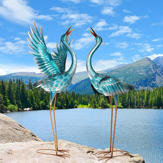 chisheen Crane Garden Statues Outdoor Metal Heron Yard Art Crane for Garden Sculptures Patio Lawn Ornaments,Set of 2