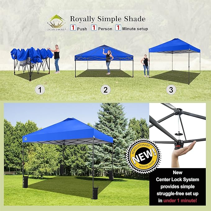CROWN SHADES 10x10 Pop Up Canopy Tent - Patented Center Lock One Push Instant Outdoor Canopy Beach Tent with STO-N-Go Bag 8 Stakes & 4 Sand Bags，Blue