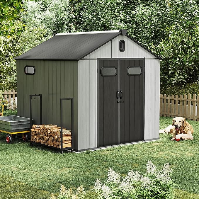Domi 8x8FT Outdoor Resin Storage Shed with Transparent Windows & Louvered Vents, Plastic Tool Shed with Double Lockable Doors & Gable Roof, Outside Garden Shed for Backyard, Patio, Lawn, Grey