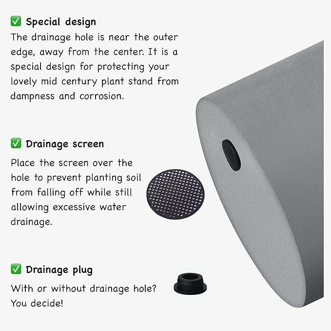 FaithLand Plant Pot 10 inch - Perfectly Fits Mid-Century Modern Plant Stand - Drainage Plug and Drainage Mesh Screen - Gray Planter Pot